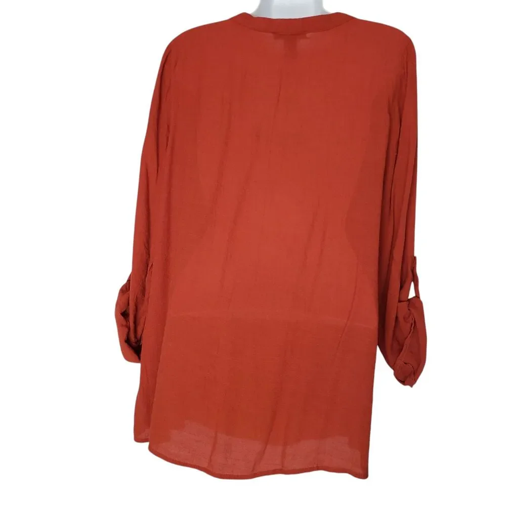 BYdesign Tunic Top Womens Large Orange Crochet Tab Sleeve Button Front Boho - Picture 12 of 13